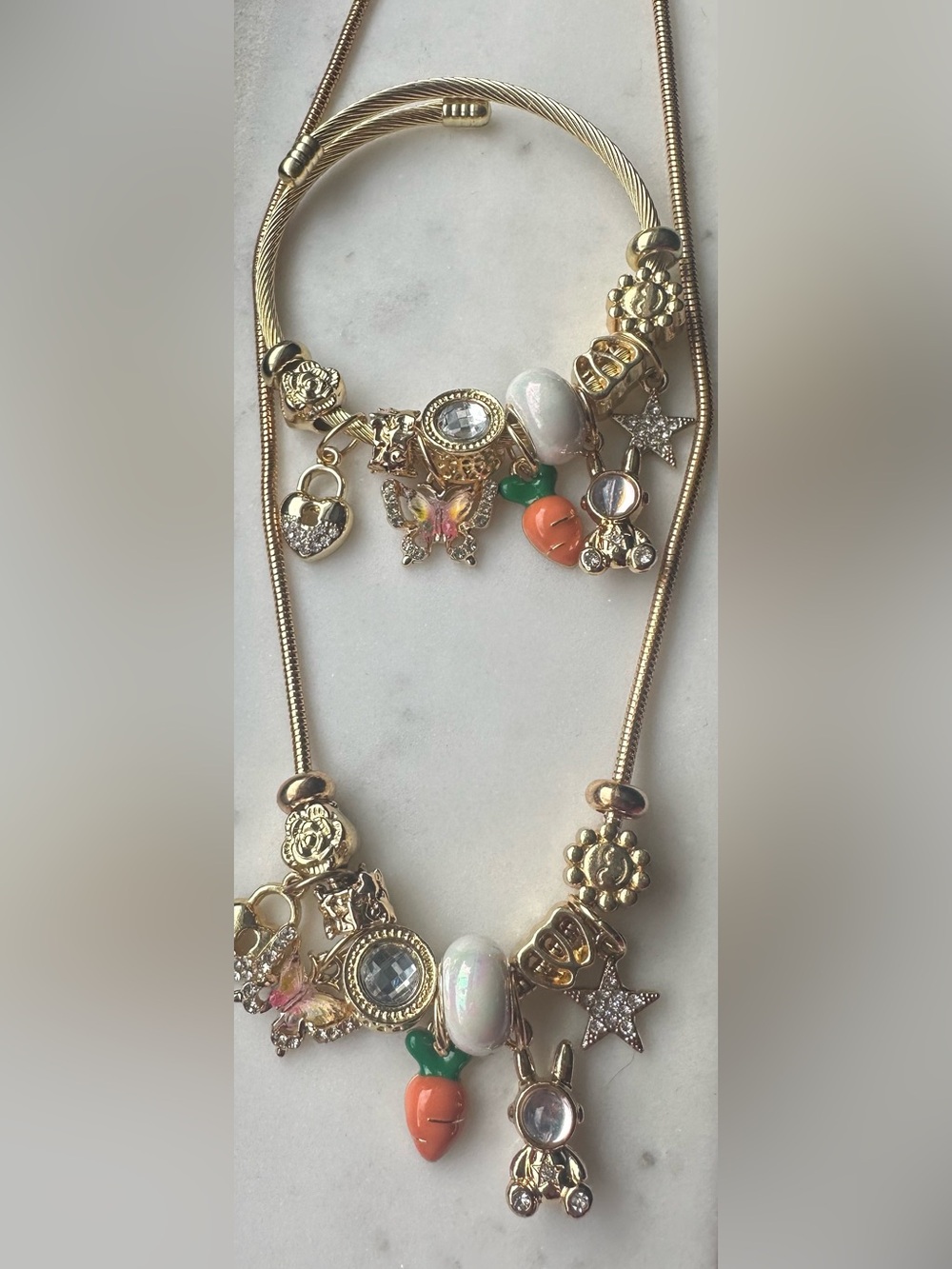 Gold-Tone Charm Necklace & Bracelet Set with Charms